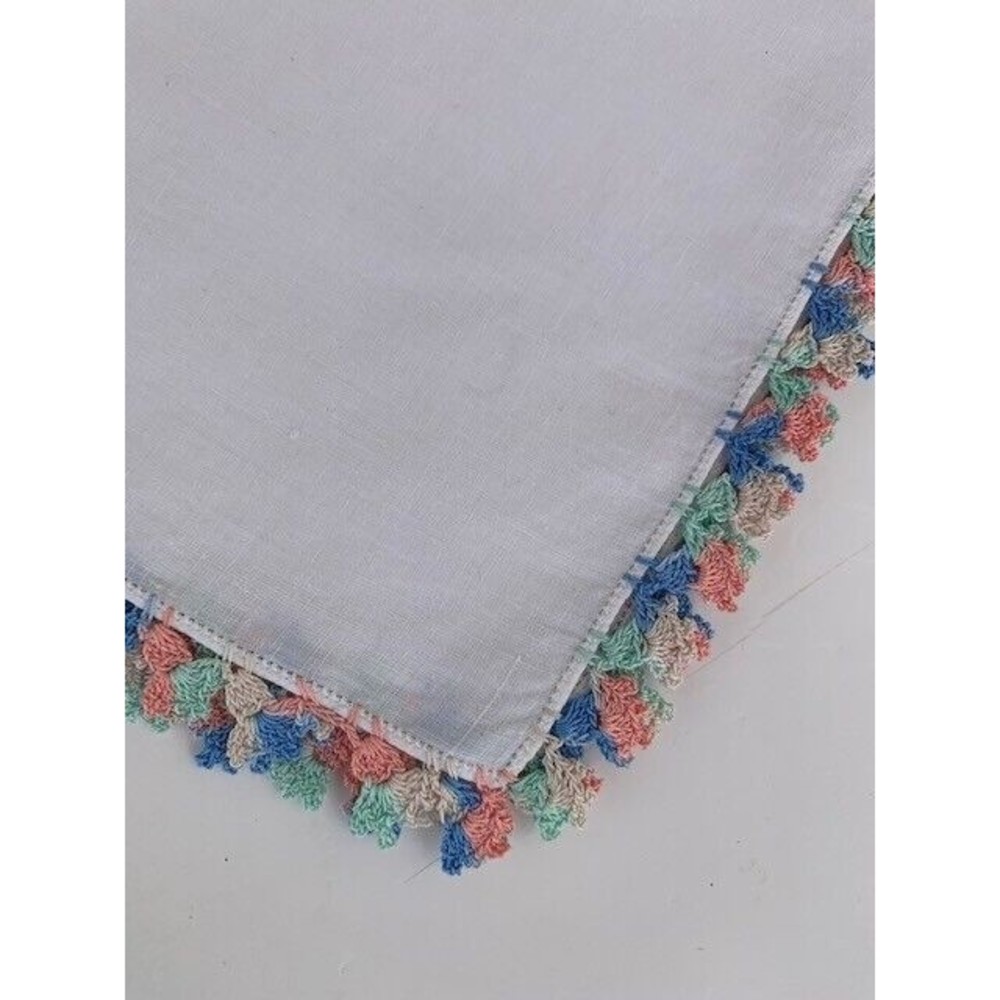 VINTAGE LADIES HANKY Hand Crocheted  Edging Blue Green Coral Handkerchief